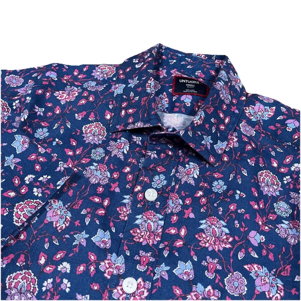 UNTUCKit Shirt Mens Small Slim Fit Blue Purple Floral 100% Linen Short Sleeve